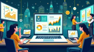 Ambiente digital vibrante com laptop, gráficos de remarketing, e consumidores interagindo com anúncios.