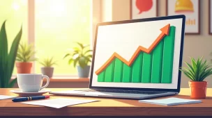 Escritório iluminado com um laptop mostrando gráfico de leads em crescimento, plantas e anotações ao redor.