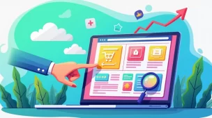 Ilustração de uma tela de laptop mostrando uma landing page colorida com botões de call-to-action.