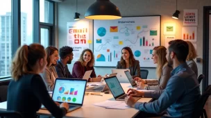 Cena de profissionais em um escritório discutindo estratégias de email marketing com laptops abertos.