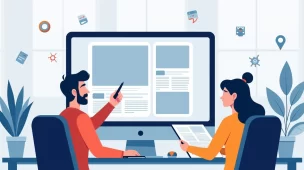 Webdesigner e cliente discutindo o redesign de um site na frente de um computador com layouts na tela