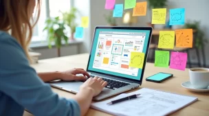 Processo de criação de propostas para landing page em computador com gráficos e notas adesivas coloridas