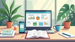 Mesa de trabalho com laptop, smartphone e planner aberto mostrando organização de tarefas digitais