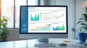 Dashboard digital mostrando métricas de desempenho de landing pages com gráficos coloridos e indicadores de conversão