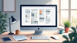 Mesa de trabalho com computador mostrando site e esboços de layout, com anotações e caneta ao lado, ilustrando erros comuns em portfólio de webdesigner