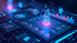 Interface digital futurista com dados de marketing e gráficos gerados por inteligência artificial