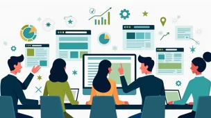 Ilustração corporativa plana mostrando clientes analisando diferentes designs de sites em telas de computador, com elementos de avaliação e gráficos ao fundo
