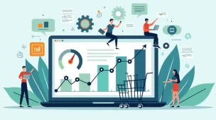 Ilustração corporativa plana mostrando análise de desempenho do site com gráficos de crescimento e elementos digitais
