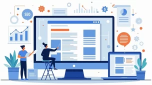 Ilustração corporativa de profissional criando landing page com elementos de vendas em interface digital